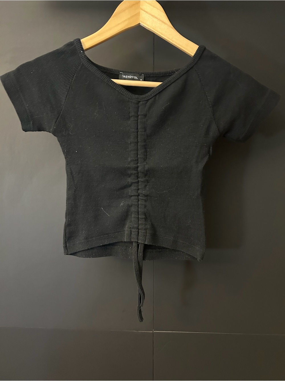 Trendyol Black Short Sleeve Ruched Front Tie Top